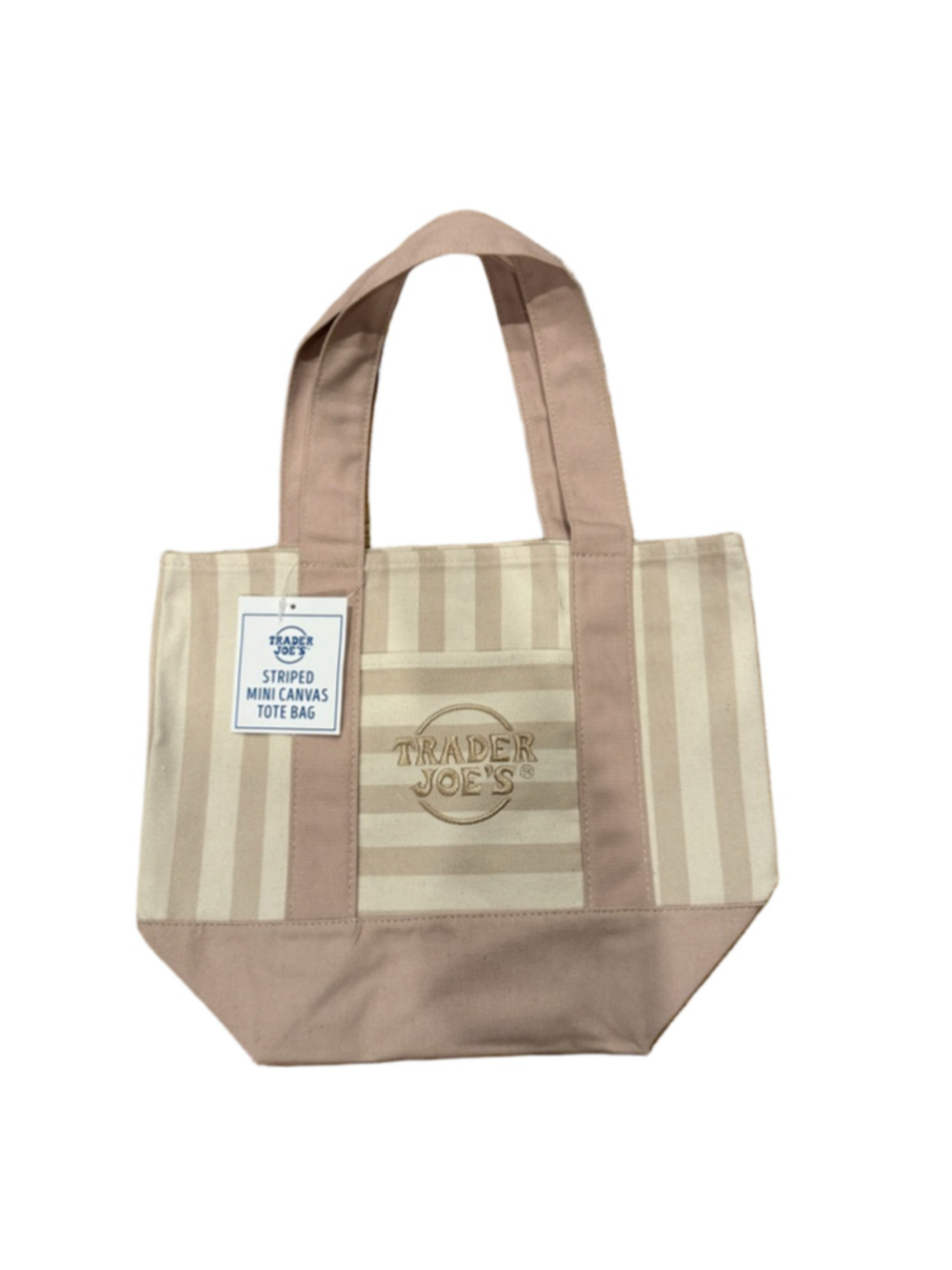NWT Trader Joe's Striped Mini Canvas Tote Bag Reusable Beige 13x6x10